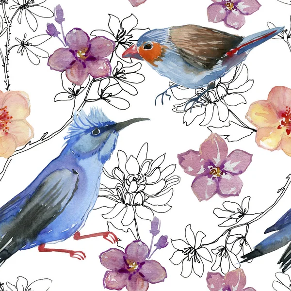 Watercolor Birds Flowers Seamless Background — Stock Photo, Image
