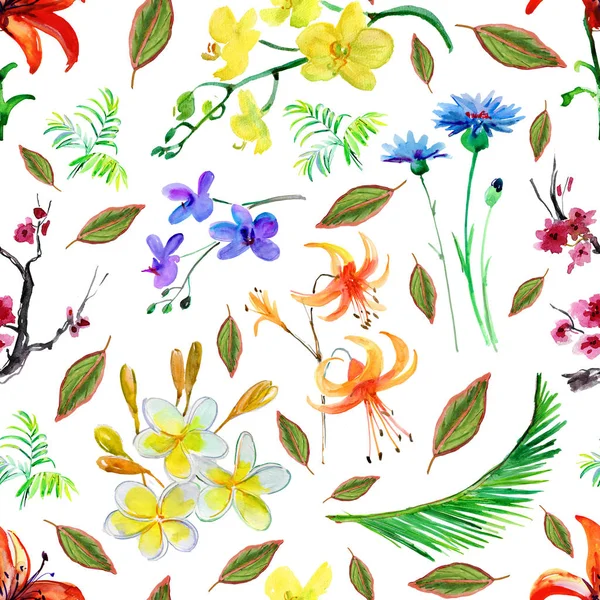 水彩花植物のシームレス パターン — ストック写真