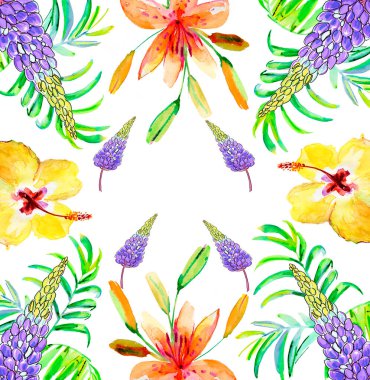 Sarı, mor çiçekli ve yeşil yapraklı desen