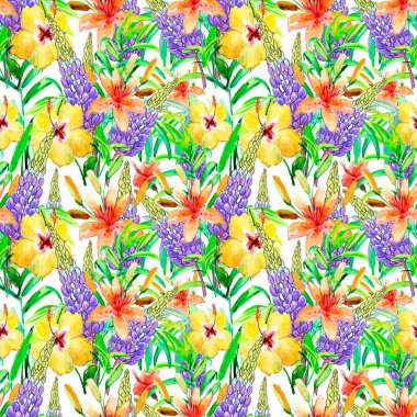 Sarı, mor çiçekli ve yeşil yapraklı desen