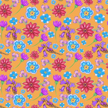 Mor, mavi ve kırmızı çiçekler turuncu arka planda