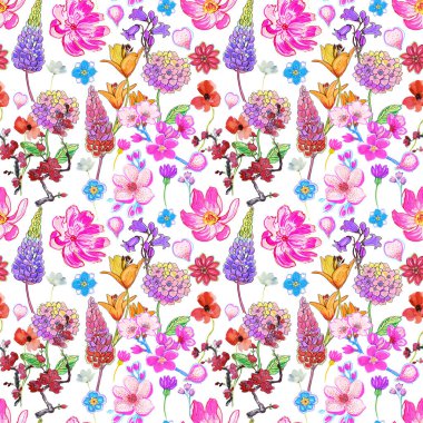 Parlak desenli yaz çiçekleri pembe, sarı ve leylak renkleriyle.