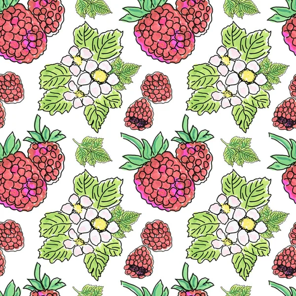 Raspberries Flowers Green Leaves Pattern — Stock Photo, Image