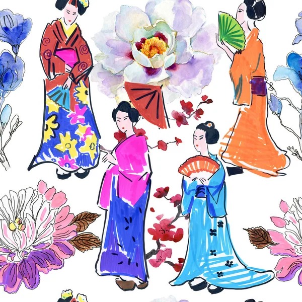 Donne Giapponesi Kimono Con Ombrelloni Asiatici Isolati Sfondo Bianco — Foto Stock