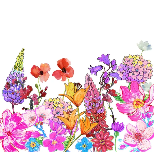Floral Κάρτα Φωτεινά Καλοκαιρινά Λουλούδια — Φωτογραφία Αρχείου