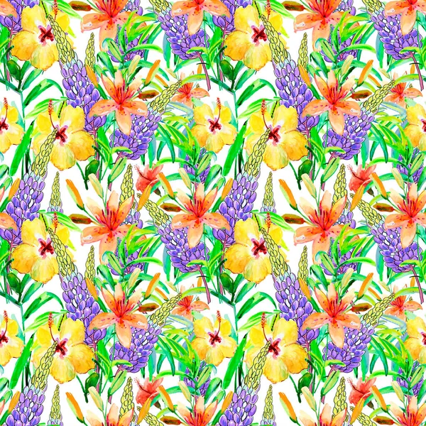 Pattern Yellow Purple Flowers Green Leaves — Stock Photo, Image