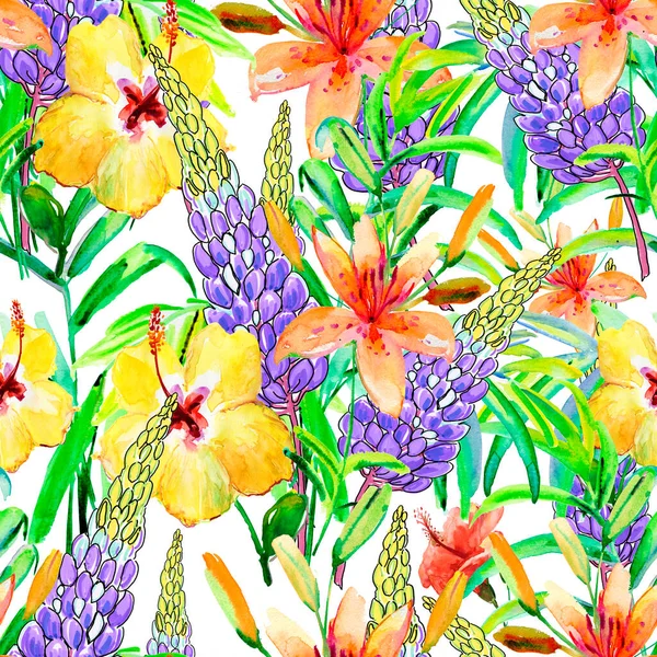 黄色や紫の花や緑の葉のパターン — ストック写真
