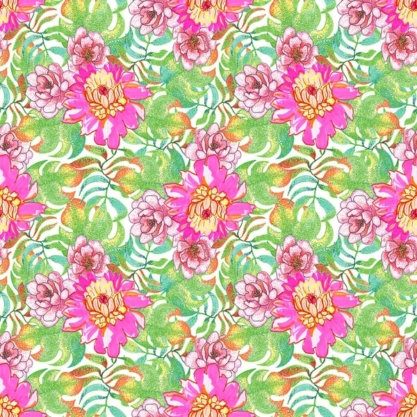 Pattern Pink Peonies Dotted Green Leaves — Stock Photo, Image