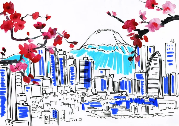 Doodle Japan Cityscape Buildings Fuji Mountain Sakura Trees — Stock Photo, Image