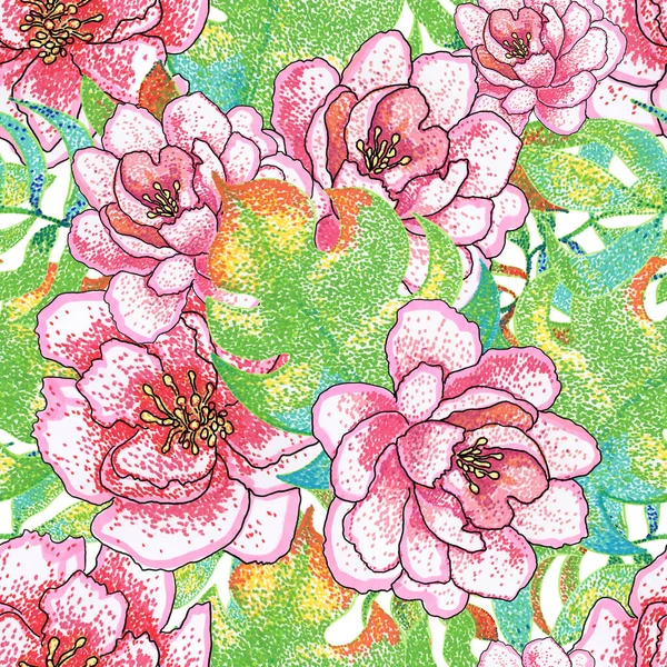 ピンクのツツジの花と緑の熱帯の葉のパターン — ストック写真