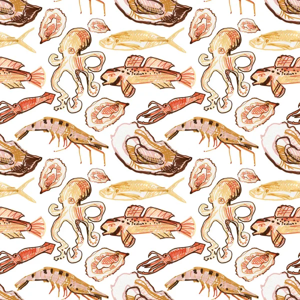 Variety Seafood Isolated White Background Pattern — Stock Photo, Image