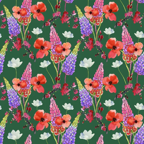 Bright Pattern Summer Watercolor Flowers Purple Red Pink Green Background — Stock Photo, Image