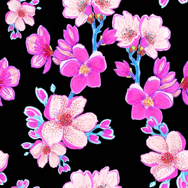 Helder Roze Bloemen Patroon Zwarte Achtergrond — Stockfoto