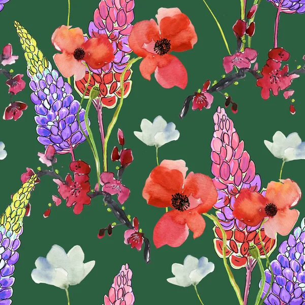 Φωτεινό Σχέδιο Καλοκαιρινά Λουλούδια Ακουαρέλα Μωβ Κόκκινο Και Ροζ Πράσινο — Φωτογραφία Αρχείου