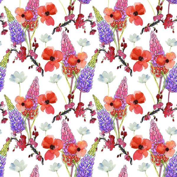 Helles Muster Mit Sommerlichen Aquarellblumen Violetten Roten Und Rosa Farben — Stockfoto