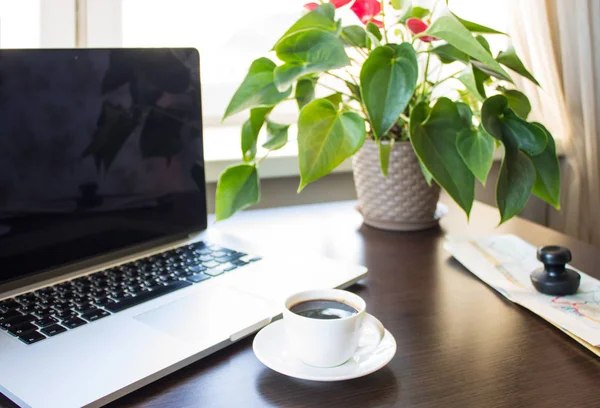 Arbeitsbereich Hause Mit Schreibtisch Laptop Und Einer Blume — Stockfoto