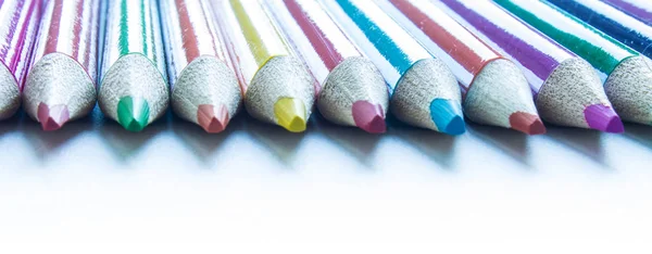 Banner Colored Pencils Laid Out Row Close White Background Copy — Stock Photo, Image