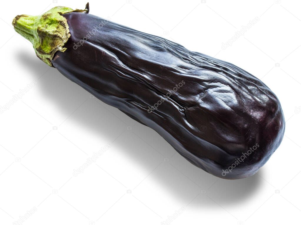 Old limp vegetable eggplant close up isolated on a white background