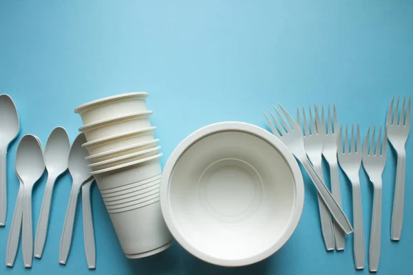 Biodegradable Disposable Tableware Plates Glasses Spoons Forks Blue Background Close — Stock Photo, Image
