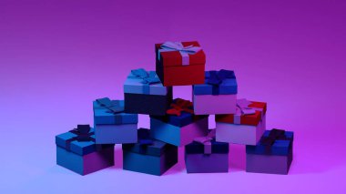 Asgari 3d Render Concept. Kopya Uzayı ile Noel Şablonu. Renkli mavi ve mor ışıklarla aydınlatılmış hediye kutuları