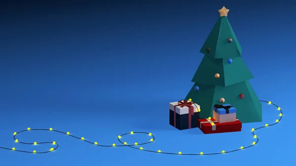 Asgari 3d Render Concept. Kopya Uzayı ile Noel Şablonu. Parlak mavi arka plandaki kağıttan yapılmış Noel ağacı altında hediye kutuları ve parlak çelenkler var.. 