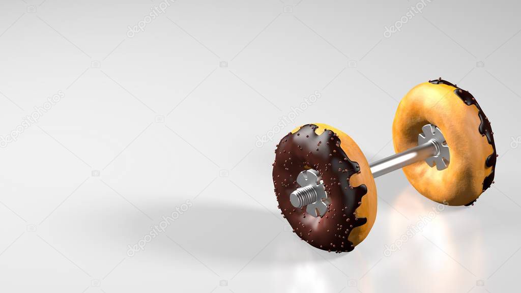 Sport And Fitness Concept - Chocolate Glazed Donuts As Weight Plates On Iron Dumbbell. 3d Render Template With Copyspace