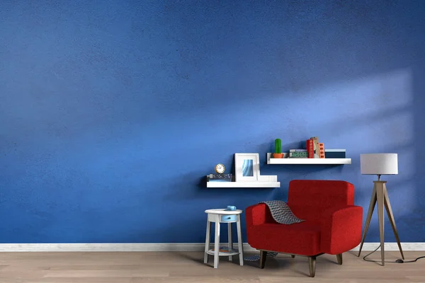 Блакитна Стіна Висміює Напівпорожню Житлову Кімнату Дерев Яною Підлогою Рендеринг Стокова Картинка