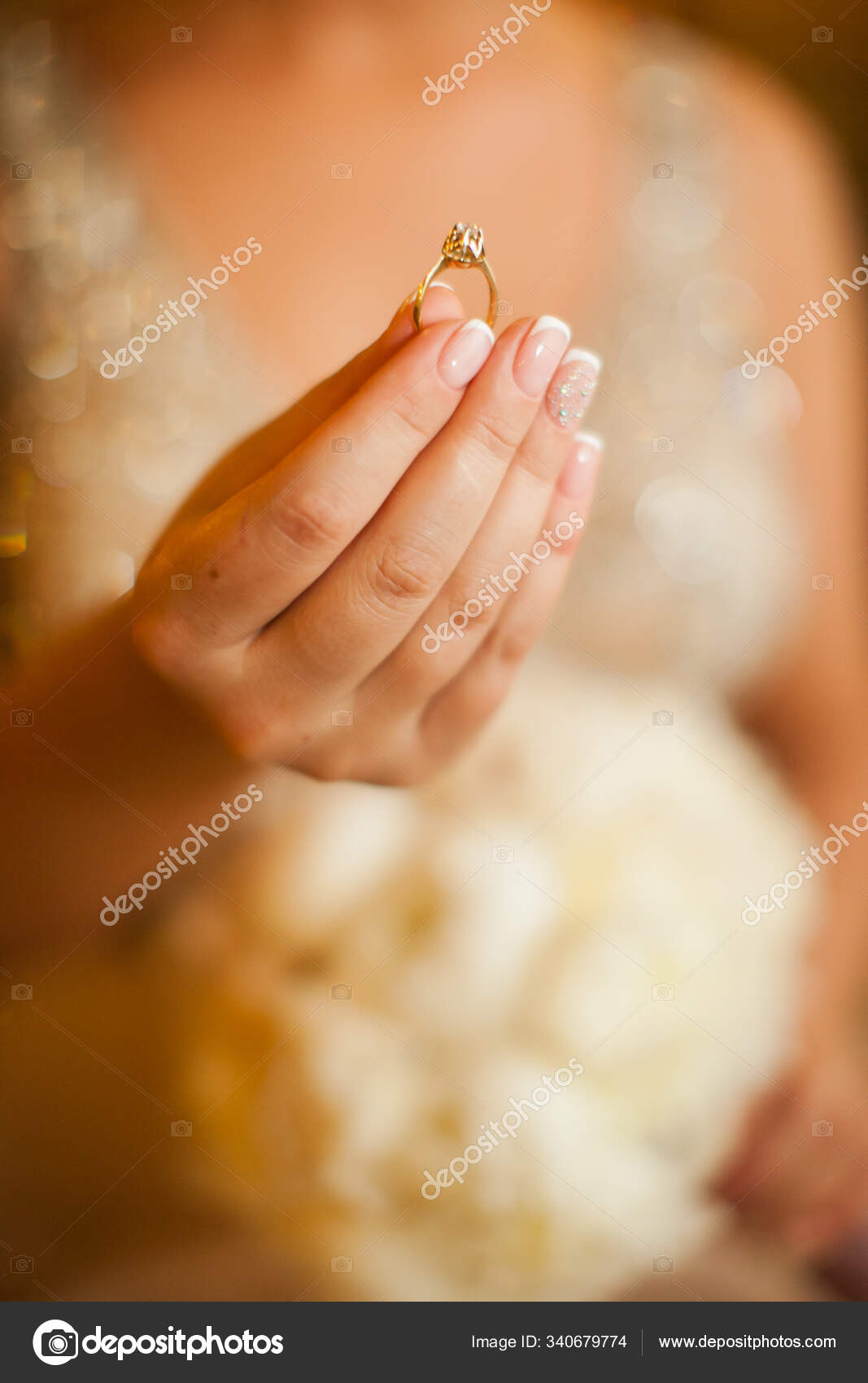 Selective Focus Wedding Ring Big Diamond Bride Hand Women Showing Stock Photo Image By C Artembruk 340679774