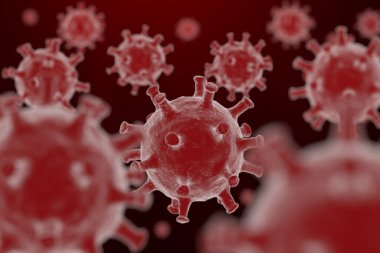 Coronavirus 3 boyutlu illüstrasyon. Karanlık arka planda seçici odaklı Covid-19 konsepti. Kırmızı mikroskobik virüs hücreli yatay pankart.