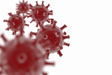 Coronavirus 3 boyutlu illüstrasyon. Covid-19 konsepti, beyaz arkaplandaki metin için bedava kopya alanı ile. Kırmızı mikroskobik virüs hücreli yatay pankart.