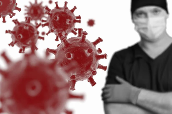 Coronavirus 3 boyutlu illüstrasyon ve arka planda bulanık bir doktor. Beyaz zemin üzerinde kırmızı mikroskobik virüs hücreleri bulunan Covid-19 konsepti. Seçici odaklı yatay pankart.