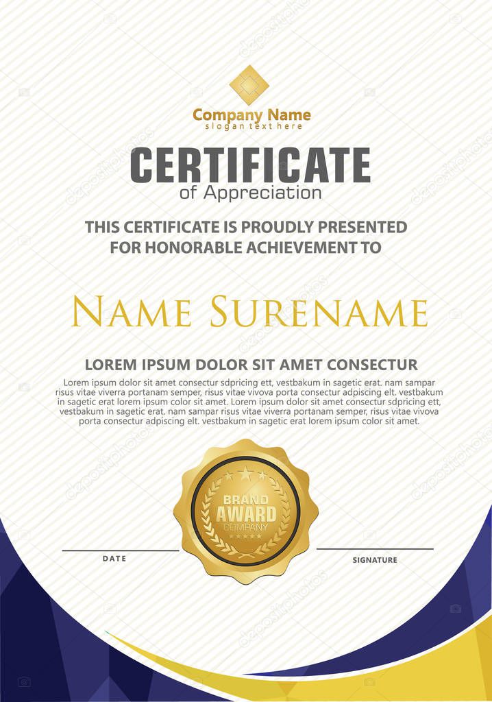 Modern certificate template with polygonal flow lines ornament on pattern background.