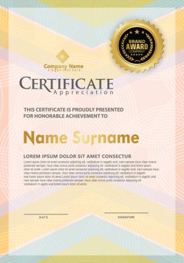 Modern desenli sertifika şablonu ve çizgiler dinamik ve geleceksel renk, diploma, Vektör illüstrasyonu