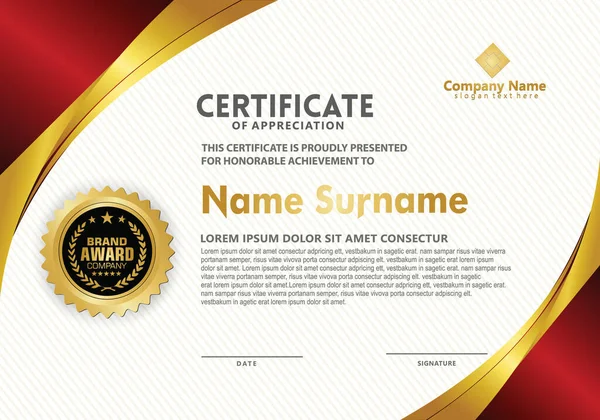 Lüks ve modern desenli zarif sertifika şablonu ve altın akış çizgileri süsü, diploma, Vektör illüstrasyonu
