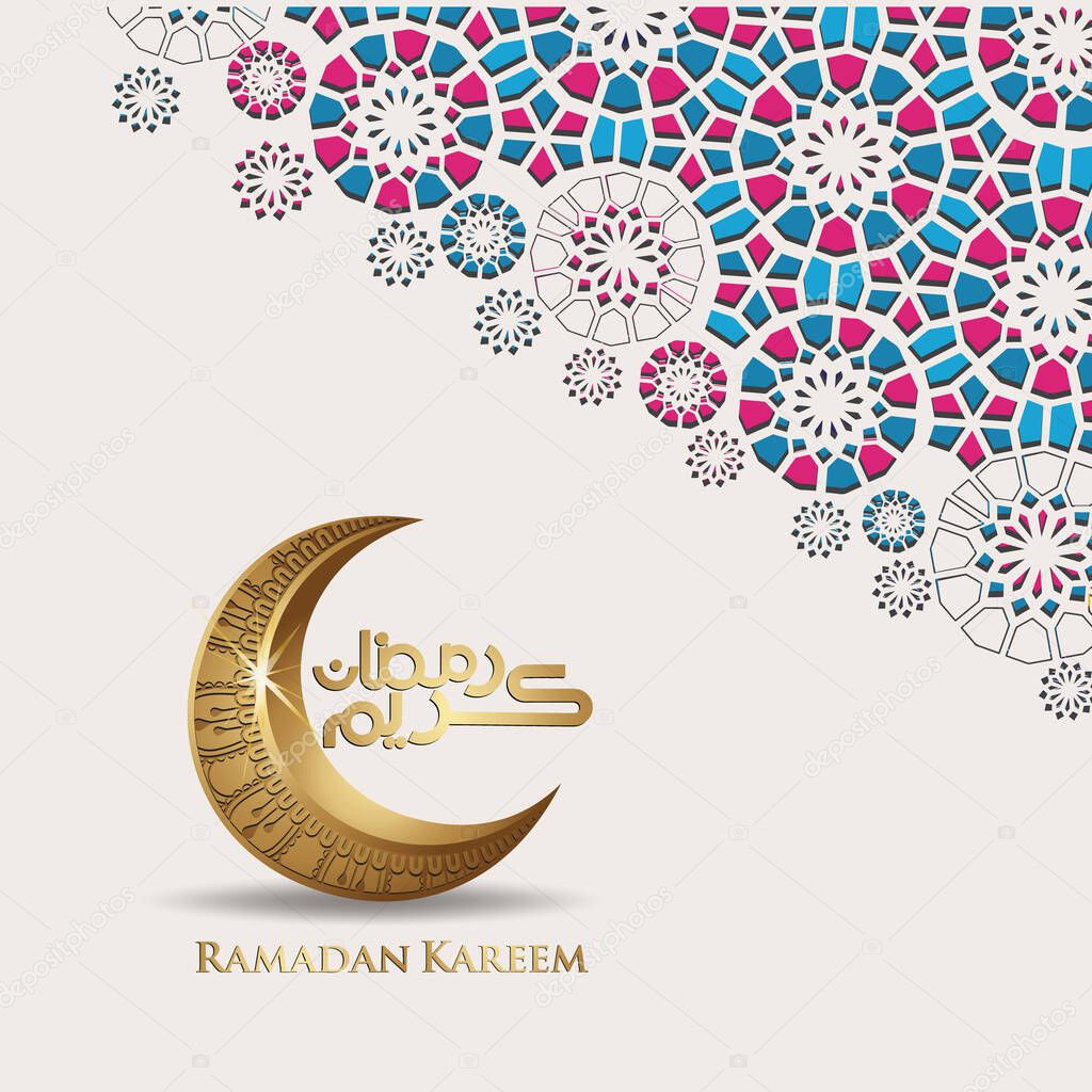 Ramadan kareem with arabic calligraphy, crescent moon and Islamic ornamental colorful detail of mosaic for islamic greeting.