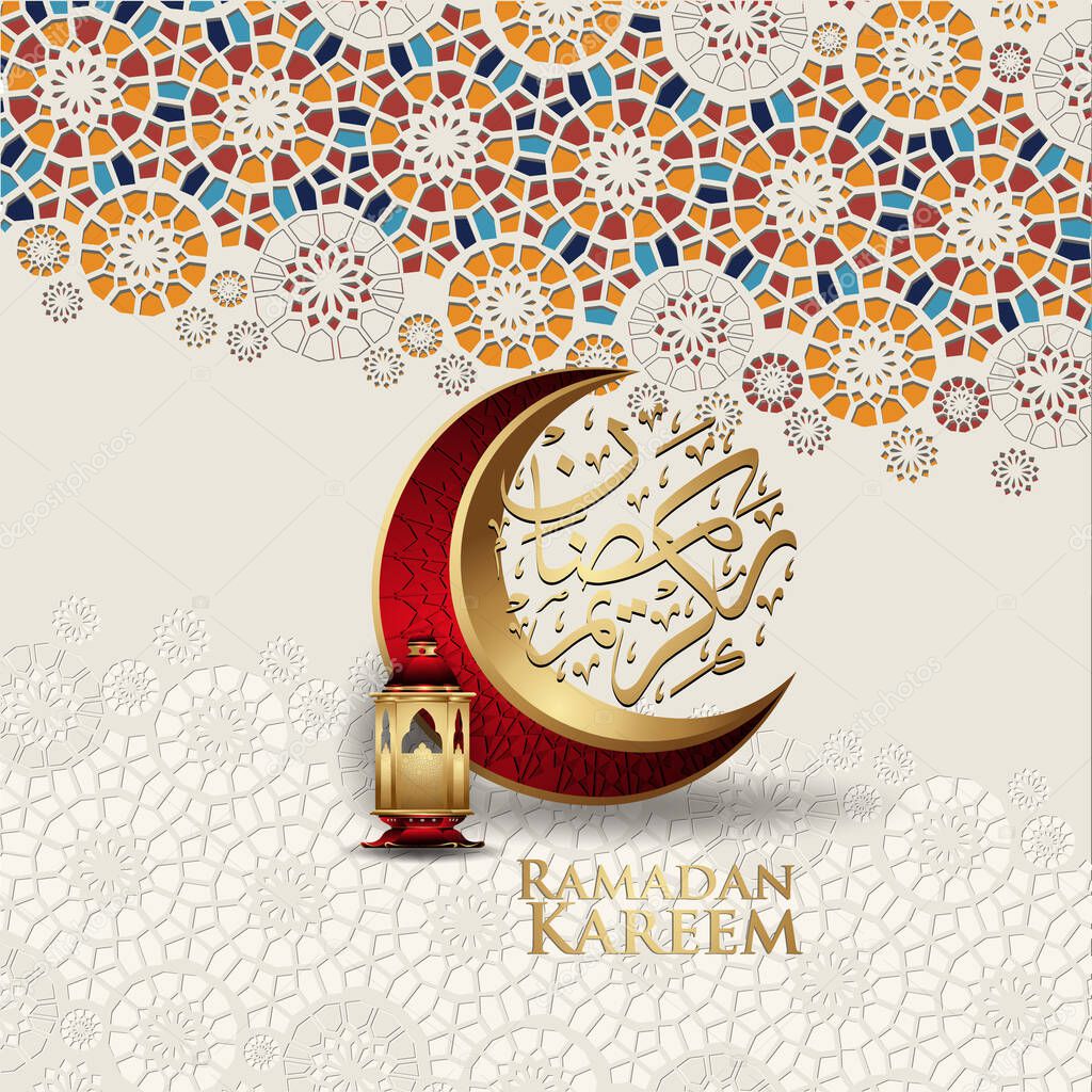 Ramadan kareem with arabic calligraphy, crescent moon, lantern and Islamic ornamental colorful detail of mosaic for islamic greeting.