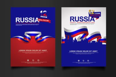 Rusya 'nın bağımsızlık gününün tasarım şablonu. Broşür, poster, broşür, broşür, derleme, yıllık rapor ve diğer kullanıcılar için kurdele bayraklı arka plan. vektör illüstrasyonu.