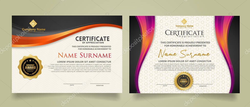 set vertical and horizontal certificate template with flow lines ornament and modern texture pattern background. Diploma. Vector illustration
