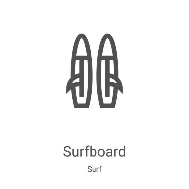 Sörf tahtası ikon taşıyıcısı, sörf koleksiyonundan. İnce çizgi Sörf tahtası ana hatları ikon vektör çizimi. Web ve mobil uygulamalarda kullanmak için doğrusal sembol, logo, yazdırma ortamı