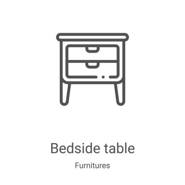 Mobilya koleksiyonundan komodin ikonu vektörü. İnce çizgi başucu tablosu ana hatlı ikon vektör çizimi. Web ve mobil uygulamalarda kullanmak için doğrusal sembol, logo, yazdırma ortamı