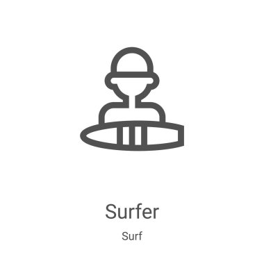 Sörf koleksiyonundan sörf ikonu vektörü. İnce çizgili sörfçü ana hatlı ikon vektör çizimi. Web ve mobil uygulamalarda kullanmak için doğrusal sembol, logo, yazdırma ortamı