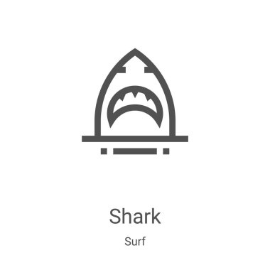 Sörf koleksiyonundan köpekbalığı ikonu vektörü. İnce çizgi köpek balığı taslak çizgisi ikon vektör çizimi. Web ve mobil uygulamalarda kullanmak için doğrusal sembol, logo, yazdırma ortamı