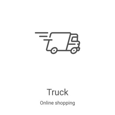 Online alışveriş koleksiyonundan kamyon ikonu vektörü. İnce çizgi kamyon ana hatlı ikon vektör çizimi. Web ve mobil uygulamalarda kullanmak için doğrusal sembol, logo, yazdırma ortamı