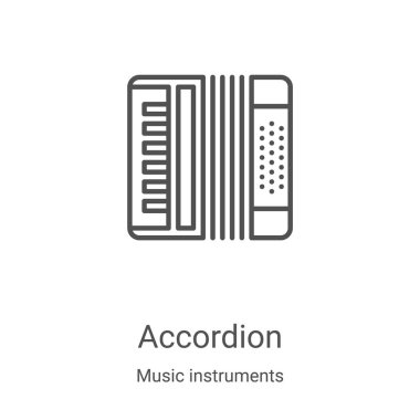 Müzik aletleri koleksiyonundan akordeon simgesi vektörü. İnce çizgi akordeon ana hatları ikon vektör illüstrasyonu. Web ve mobil uygulamalarda kullanmak için doğrusal sembol, logo, yazdırma ortamı