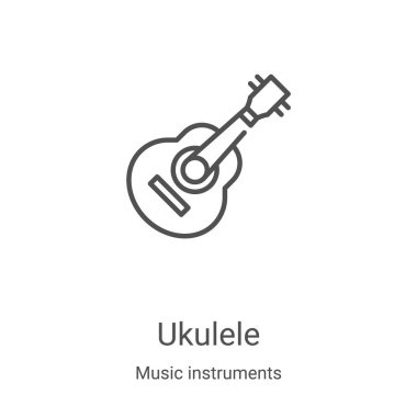 Müzik aletleri koleksiyonundan ukulele simge vektörü. İnce çizgi ukulele ana hatlı ikon vektör çizimi. Web ve mobil uygulamalarda kullanmak için doğrusal sembol, logo, yazdırma ortamı