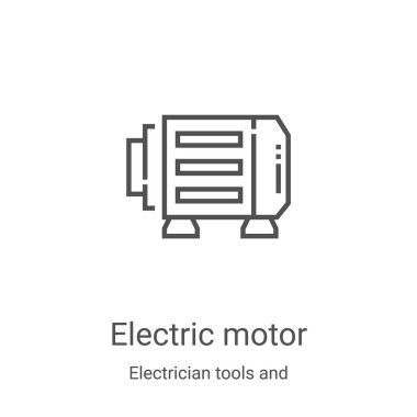 Elektrikçi aletleri ve element koleksiyonundan elektrikli motor ikon vektörü. İnce çizgili elektrikli motor taslak ikon vektör çizimi. Web ve mobil uygulamalarda kullanmak için doğrusal sembol, logo, yazdırma ortamı