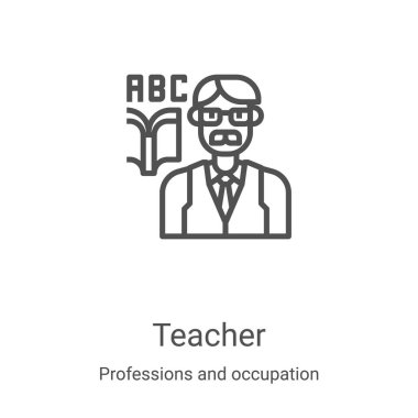 Meslek ve meslek kolleksiyonundan öğretmen ikonu vektörü. İnce çizgi öğretmeni, ikon vektör illüstrasyonunu özetliyor. Web ve mobil uygulamalarda kullanmak için doğrusal sembol, logo, yazdırma ortamı