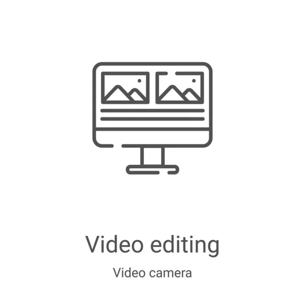 ビデオカメラコレクションのビデオ編集アイコンベクトル。細い線ビデオ編集アウトラインアイコンベクトルイラスト。Webやモバイルアプリ、ロゴ、印刷メディアで使用するための線形シンボル — ストックベクタ