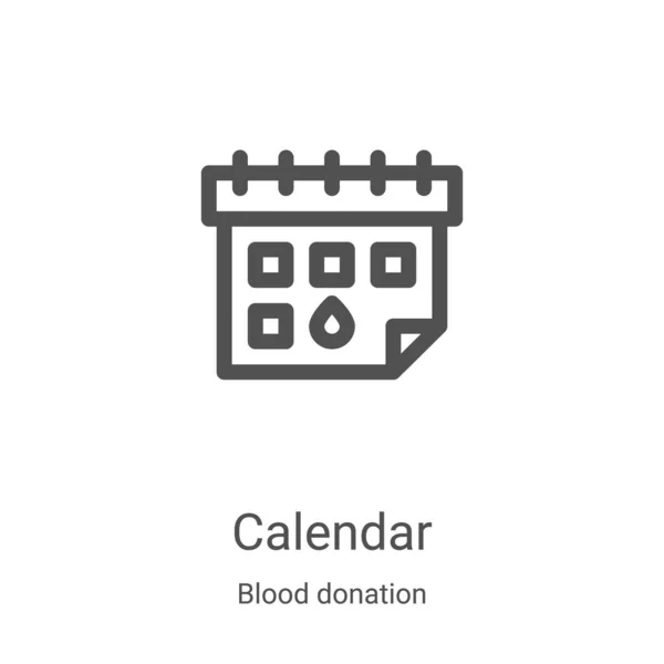 Kalender ikon vektor dari pengumpulan donasi darah. Garis tipis kalender garis luar ikon vektor ilustrasi. Simbol linear untuk digunakan pada aplikasi web dan seluler, logo, media cetak - Stok Vektor
