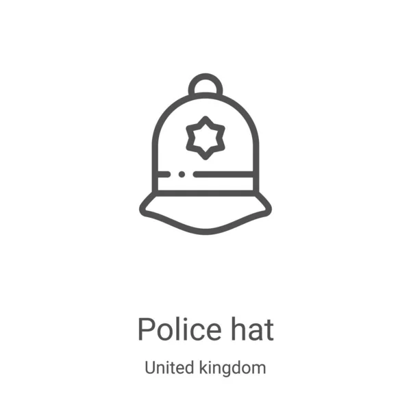 警察の帽子のアイコンベクトル英国コレクションから。細い線警察の帽子の輪郭アイコンのベクトルイラスト。Webやモバイルアプリ、ロゴ、印刷メディアで使用するための線形シンボル — ストックベクタ